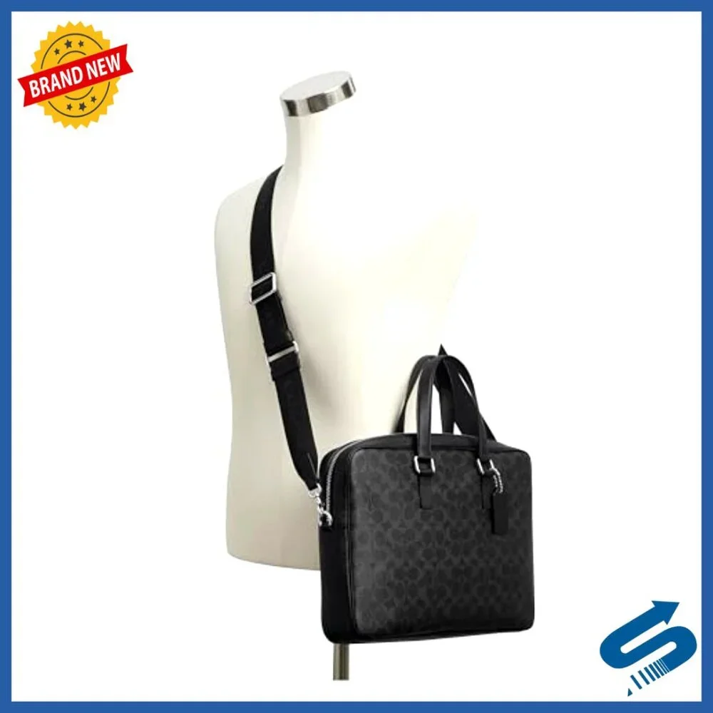 Coated Canvas Briefcase with Laptop Compartment Detachable Strap